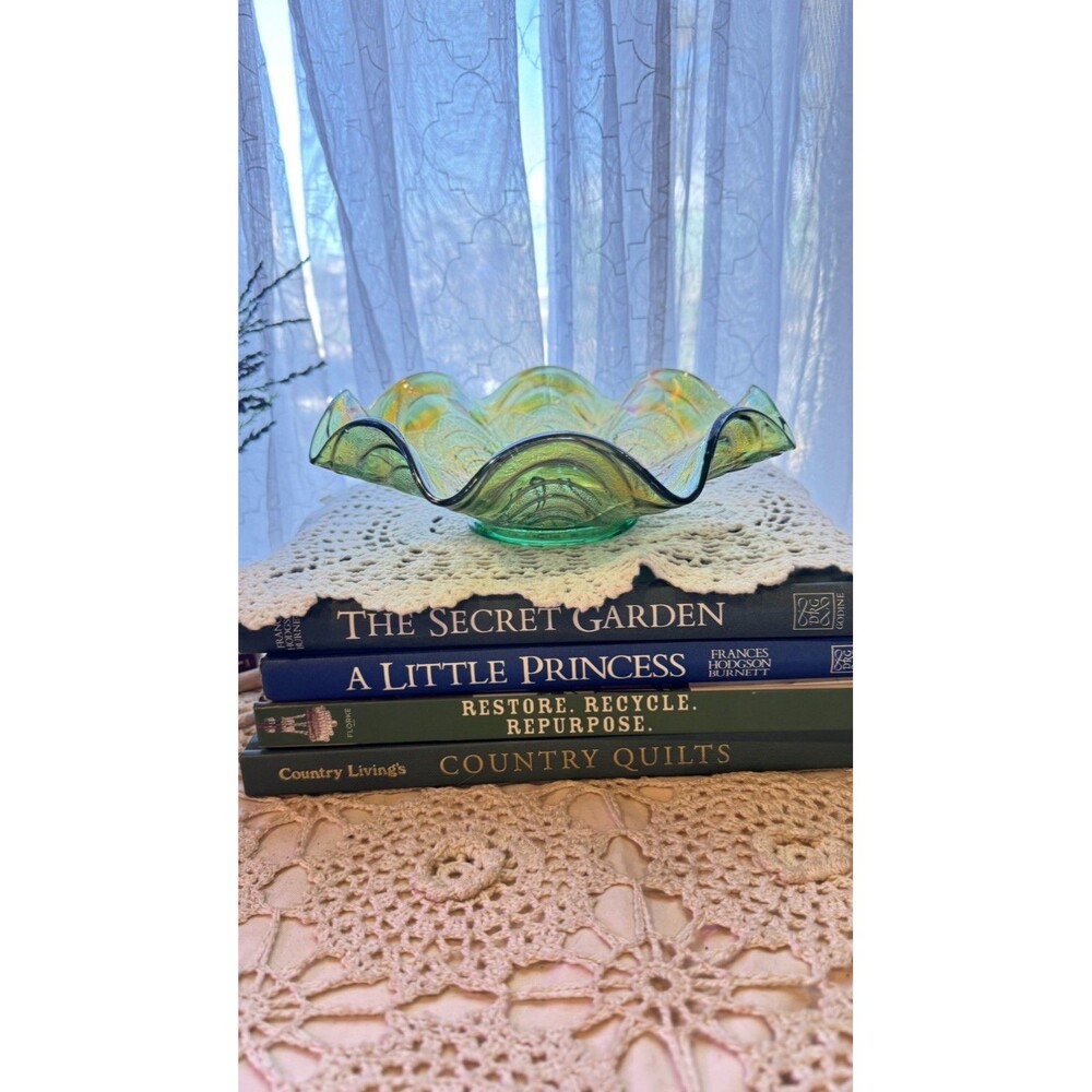 Antique *Uranium* Imperial Carnival Glass Green Pansy Ruffle Bowl, Great COLOR!!